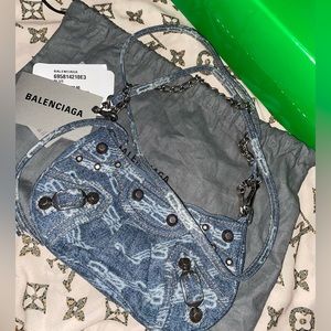 Balenciaga Le Cagole Chain Shoulder Bag with Crossbody Denim Strap XS Blue